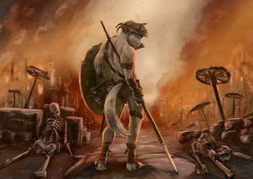 accessory anthro athletic baldric bandage belt biceps bone bottomwear breaking_wheel bulge burning burning_building castle clothing fire fur headband loincloth looking_at_viewer looking_back male melee_weapon muscular muscular_anthro polearm rear_view rock ruins shield skeleton solo spear standing sword war warrior weapon marsonaut canid canine canis human mammal wolf digital_media_(artwork) digital_painting_(artwork) full-length_portrait painting_(artwork) portrait