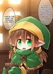barrel brown_hair child clothed clothing cute_fangs digital_media_(artwork) elf english_text female flat_chested gloves green_cap green_clothing green_gloves green_handwear hair handwear hat headgear headwear hi_res humanoid humanoid_pointy_ears kso light_body light_skin looking_at_viewer not_furry phrygian_cap solo speech_bubble tankard text young young_humanoid
