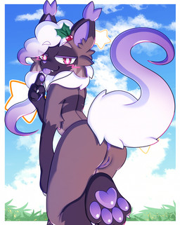 4_fingers 4_toes anthro anus blep blush butt cheek_tuft claws cloud eyebrows facial_tuft feet female fingers genitals gesture grass hair half-closed_eyes hand_gesture looking_at_viewer looking_back looking_back_at_viewer narrowed_eyes nude outside pawpads paws plant pointing pointing_at_self pupils purple_anus purple_pawpads raised_eyebrows sky smile solo tail toes tongue tongue_out tuft vulva white_claws white_pupils appliei nintendo pokemon fan_character generation_5_pokemon pokemon_(species) zorua colored digital_drawing_(artwork) digital_media_(artwork) hi_res shaded