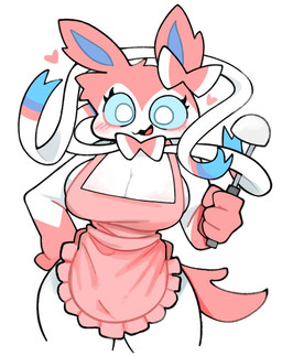 anthro apron apron_only big_breasts blue_inner_ear blue_sclera blush bow_(anatomy) breasts cleavage clothed clothing female front_view gloves_(marking) hand_on_hip heart_symbol holding_ladle kitchen_utensils ladle markings open_mouth open_smile pink_apron pink_clothing pink_ears pink_tail pupils round_eyes simple_background smile solo tail tools white_background white_body white_pupils ssslommm2 nintendo pokemon eeveelution generation_6_pokemon pokemon_(species) sylveon 2025 digital_drawing_(artwork) digital_media_(artwork) portrait three-quarter_portrait