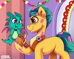 badge brown_eyes christmas_present duo feral fur gift green_body green_scales hooves horn male membrane_(anatomy) membranous_wings sash scales sheriff_badge turquoise_hair wings yellow_body yellow_fur shadowreindeer hasbro mlp_g5 my_little_pony mythology hitch_trailblazer_(mlp) sparky_sparkeroni_(mlp) dragon earth_pony equid equine horse mammal mythological_creature mythological_scalie pony scalie 5:4 hi_res