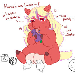 ambiguous_feral ambiguous_gender baby_talk ball balls blonde_eyelashes blonde_hair blush bodily_fluids breastfeeding brown_hooves crotch_breasts dialogue eyelashes female female_feral feral fur genitals green_hooves green_tail group hair hooves licking lifting_another neonate purple_body purple_fur red_body red_eyes red_fur singing sitting sweat tail text tongue tongue_out toy toy_block yellow_tail young young_ambiguous young_feral yellowcottoncandy030 fluffy_pony fluffy_pony_(species) mammal 1:1 2025 digital_media_(artwork) english_text hi_res partially_colored