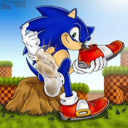5_fingers 5_toes anthro belly blue_body blue_fur clothing conjoined_eyes crossed_legs detailed_background dirty dirty_clothing dirty_socks feet fingers foot_fetish foot_focus footwear fur gloves grass green_eyes green_hill_zone handwear holding_object looking_at_viewer male mostly_nude mostly_nude_anthro multicolored_body one_shoe_on outside plant plantigrade pupils quills_(anatomy) red_clothing red_footwear red_shoes shoe_sniffing shoes sitting smelly smelly_feet smelly_shoes smelly_socks smile sniffing sniffing_clothes socks solo stink_fumes stink_lines tan_arms tan_belly tan_inner_ear toes tree_stump two_tone_body white_clothing white_footwear white_gloves white_handwear white_socks riproarrex sega sonic_the_hedgehog_(series) sonic_the_hedgehog eulipotyphlan hedgehog mammal 1:1 2010 dated shaded signature
