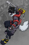 anthro armor black_hair bottomwear bracers clothed clothing footwear fur grey_body grey_fur hair jacket jewelry keyblade male melee_weapon necklace orange_eyes pants plantigrade shirt shoes stripes tail topwear weapon starwolfskin zgf_art kingdom_hearts square_enix zgf_gaming razor_the_firedog canid canine elemental_creature elemental_humanoid firedog humanoid mammal hi_res