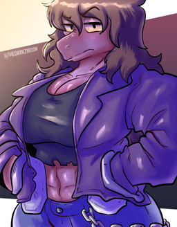 abs anthro big_breasts black_clothing black_shirt black_topwear blue_bottomwear blue_clothing blue_jeans blue_pants bottomwear breasts brown_hair chain_accessory cleavage clothed clothing delinquent denim denim_bottomwear denim_clothing female freckles hair hands_in_both_pockets huge_breasts jacket jeans long_hair muscular muscular_anthro muscular_female pants purple_body purple_clothing purple_jacket purple_skin purple_topwear shirt solo topwear yellow_eyes thedarkzircon deltarune undertale_(series) susie_(deltarune) reptile scalie hi_res