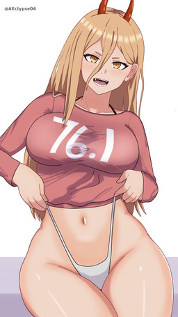big_breasts blonde_hair bra_strap breasts clothed clothing clothing_pull cross_pupils female glistening_thighs hair horn legs_together long_hair looking_at_viewer midriff navel open_mouth pantsless pantsless_female pantsless_humanoid pink_clothing pink_shirt pink_topwear red_horn sharp_teeth shirt simple_background small_waist solo teeth text thong thong_pull topwear twitter_handle underwear underwear_pull white_background white_clothing white_thong white_underwear wide_hips yellow_eyes eclypsea chainsaw_man power_(chainsaw_man) horned_humanoid humanoid 2024 absurd_res artist_name hi_res portrait three-quarter_portrait