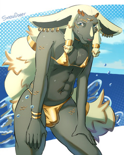 abs anthro beach bikini bodily_fluids bulge clothed clothing crossdressing detailed_bulge gold_bikini hair long_hair male piercing solo sweat sweatdrop swimwear text two-piece_swimsuit water wide_hips snowdoeer nintendo tears_of_the_kingdom the_legend_of_zelda rauru_(tears_of_the_kingdom) zonai absurd_res english_text hi_res