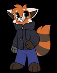 anthro black_clothing black_hoodie black_topwear clothing cybernetic_limb fur hoodie male markings orange_body orange_fur pink_nose smile solo striped_markings striped_tail stripes tail tail_markings toony_eyes topwear pegacousin happy_tree_friends alyx_(not_odessa) ailurid mammal red_panda 2021 alpha_channel