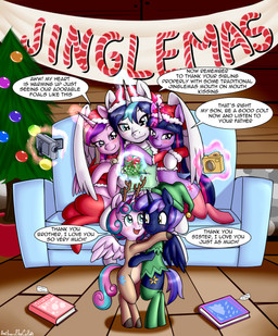banner book camera christmas_clothing christmas_headwear christmas_tree clothing dialogue eyebrows eyelashes female feral furniture group hat headgear headwear holidays horn legwear mistletoe open_mouth plant santa_hat smile sofa speech_bubble text tree wings young young_female young_feral anibaruthecat christmas friendship_is_magic hasbro my_little_pony mythology flurry_heart_(mlp) princess_cadance_(mlp) shining_armor_(mlp) twilight_sparkle_(mlp) equid equine mammal mythological_creature mythological_equine unicorn winged_unicorn absurd_res digital_media_(artwork) english_text hi_res brother_(lore) brother_and_sister_(lore) sibling_(lore) sister_(lore)