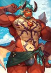 abs anthro ball_bulge beach bulge chest_gem claws cloud facial_hair finger_claws gem hair heart_symbol horn male multicolored_hair muscular muscular_anthro muscular_arms muscular_male muscular_thighs nipples pecs raised_arm red_body red_scales sand scales seaside sideburns sky smile solo tan_body tan_scales tattoo two_tone_hair kawara_gawara anothereidos_of_dragon_vein_r mythology atmos_(anothereidos_r) avian bird dragon gull lari larid mythological_creature mythological_scalie scalie hi_res