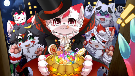anthro big_eyes biped black_body black_fur blue_body blue_fur city cute_fangs fangs fur green_eyes grey_body grey_fur group holidays kemono licking licking_lips looking_at_viewer male pink_eyes red_eyes slim_anthro slim_male teeth tongue tongue_out trick-or-treating white_body white_fur hlg7777 halloween canid canine fox mammal 16:9 2020 hi_res widescreen