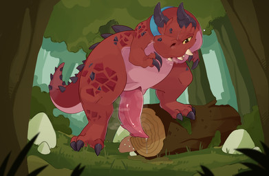 2_horns anthro big_penis bodily_fluids claws dripping fangs feral forest genital_fluids genitals horn huge_penis looking_at_viewer male nature penis plant precum precum_drip red_body red_scales scales solo spiked_tail spikes spikes_(anatomy) tail tapering_penis teeth tree cometdragonite marvel marvel_rivals moon_girl_and_devil_dinosaur devil_dinosaur_(moon_girl_and_devil_dinosaur) dinosaur prehistoric_species reptile saurischian scalie theropod tyrannosaurid tyrannosauroid tyrannosaurus tyrannosaurus_rex absurd_res hi_res