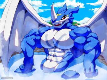 anthro big_muscles flexing hot_spring huge_muscles hyper hyper_muscles male muscular muscular_male outside solo water wings voidfoxtamcin bandai_namco digimon digimon_(species) exveemon 4:3 hi_res