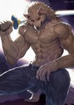 5_fingers abs anthro belt biceps biped bottomwear brown_body brown_fur clothed clothing fingers fur holding_melee_weapon holding_object holding_sword holding_weapon male melee_weapon muscular muscular_anthro muscular_male pants pecs red_eyes solo sword topless topless_anthro topless_male weapon sky_gomi canid canine canis mammal wolf hi_res