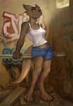 anthro barefoot blue_bottomwear blue_clothing blue_hotpants blue_shorts bottomwear breasts brown_body brown_scales clothed clothing colored digital_media_(artwork) ethrk feet female full-length_portrait graffiti graffiti_on_wall hi_res horn hotpants inside kobold looking_at_viewer midriff navel portrait red_eyes scales scalie shaded shirt shorts solo standing tail tank_top topwear white_clothing white_shirt white_tank_top white_topwear