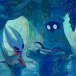 2_horns ambiguous_gender black_eyes blue_clothing cloak clothed clothing duo empty_eyes holding_map horn inside map melee_weapon plant red_cloak red_clothing weapon white_eyes blipbugbug hollow_knight:_silksong hollow_knight_(franchise) team_cherry hornet_(hollow_knight) pinstress arthropod 1:1 2026 female_(lore)