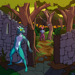anthro armor bottomwear clothing detailed_background female forest forest_background genitals guard hidden hiding hiding_behind_object horn loincloth melee_weapon nature nature_background outdoor_nudity outside plant polearm ruins solo spear stealth tree vulva weapon av-15 kobold scalie 1:1 hi_res
