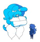 anthro big_breasts black_eyes blue_hair blue_tongue breasts cleavage clothed clothing duo female hair huge_breasts larger_female male nipple_outline open_mouth simple_background size_difference smaller_male surprise thick_thighs tongue white_background white_body dewbber nintendo pokemon melody_(goomychaos) tusks_the_dewott dewott generation_5_pokemon lagomorph leporid mammal pokemon_(species) rabbit digital_media_(artwork)