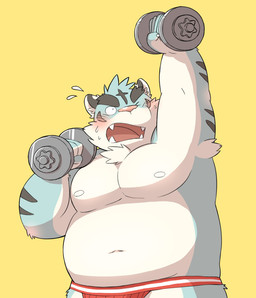 anthro armpit_hair belly blue_body blue_fur blush bodily_fluids body_hair clothing exercise fur humanoid_hands jockstrap kemono male moobs navel nipples overweight overweight_anthro overweight_male simple_background solo sweat underwear white_body white_fur workout yellow_background kinoshita-jiroh felid mammal pantherine tiger 2015