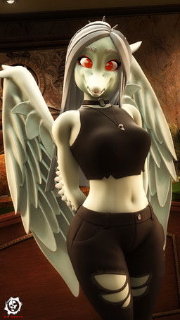 amber_eyes anthro black_bottomwear black_clothing black_pants bottomwear breasts clothing detailed_background elbow_feathers eyelashes eyeliner feathered_wings feathers female front_view grey_body grey_feathers grey_hair grey_scales hair halter_top hands_behind_back jewelry long_hair looking_at_viewer makeup medium_breasts midriff navel necklace open_mouth open_smile pants scales smile solo text thick_thighs torn_bottomwear torn_clothing torn_pants wings gearsassassins aeridiccore_(modeler) cavemanon_studios goodbye_volcano_high ko_op_(game_developer) snoot_game fang_(gvh) prehistoric_species pterosaur reptile scalie 2024 3d_(artwork) 9:16 absurd_res artist_name digital_media_(artwork) hi_res huge_filesize source_filmmaker_(artwork) watermark