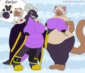 anthro big_breasts big_penis black_body breasts clothing clothing_bulge duo fur gender_transformation genitals green_eyes gynomorph horn huge_penis intersex intersex/intersex intersex/male jewelry male overweight penis purple_body red_eyes robe sharp_teeth tail teeth transformation thepsychosloth mythology desidia_esuries domestic_cat dragon felid feline felis mammal mythological_creature mythological_scalie scalie
