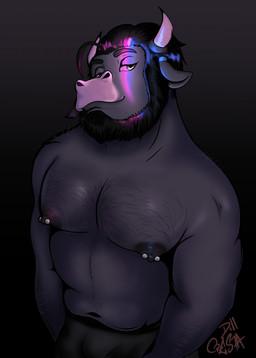 anthro beard belly biceps big_breasts bisexual_pride_colors breasts facial_hair hair hairy horn lgbt_pride male muscular nipple_piercing nipples piercing pride_colors slightly_chubby solo stare dillcresta bovid bovine cattle mammal absurd_res hi_res