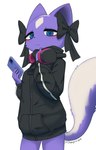 anthro black_bow black_clothing black_jacket black_nose black_topwear blue_eyes cellphone clothed clothing electronics facial_markings female female_anthro forehead_markings fur half-closed_eyes head_markings headphones headphones_around_neck holding_object holding_phone jacket markings mouth_closed narrowed_eyes phone purple_body purple_fur simple_background smartphone solo topwear white_background dangome aggretsuko sanrio shikabane_(aggretsuko) mammal mephitid skunk absurd_res digital_media_(artwork) hi_res portrait three-quarter_portrait