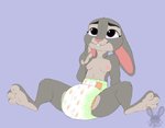 ageplay anthro breasts clean_diaper clothed clothing diaper female fur infantilism long_ears looking_up multicolored_body multicolored_fur nipples pink_nose purple_eyes roleplay simple_background sitting smile solo spread_legs spreading teeth wearing_diaper wetness_indicator heyitsjaq disney zootopia judy_hopps lagomorph leporid mammal rabbit hi_res