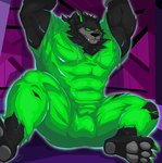 anthro barefoot black_body black_fur bulge clothing feet fur green_eyes hoodie male muscular muscular_male solo topwear torn_clothing gflouf danny_phantom nickelodeon wulf_(danny_phantom) canid canine canis ghost mammal spirit wolf