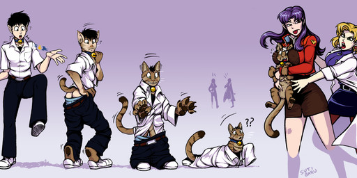 angry bell bell_collar bottomwear breasts butt clothed clothing collar female feral gradient_background group growth human_to_feral male nipple_outline nude open_mouth pants question_mark shirt shrinking simple_background size_transformation species_transformation standing surprised tail tail_growth tongue tongue_out topwear transformation sutibaru neon_genesis_evangelion misato_katsuragi ritsuko_akagi shinji_ikari domestic_cat felid feline felis human mammal 2014 hi_res
