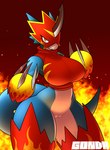 anthro big_breasts biped blue_body breasts female fire_background genitals huge_thighs looking_at_viewer pussy red_background red_body simple_background solo thick_thighs white_body wide_hips yellow_eyes gonda bandai_namco digimon digimon_(species) flamedramon absurd_res hi_res