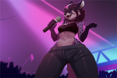 anthro black_body black_claws black_fur blue_eyes bottomwear brown_hair cheek_tuft claws clothing collar concert crop_top electronics eyelashes facial_tuft fangs female fur grey_body grey_fur hair long_eyelashes low-angle_view medium_hair microphone navel open_mouth open_smile pants public shirt singing smile solo teeth thick_thighs topwear tuft white_body white_fur glitter_galaxia hyena mammal 2025 digital_drawing_(artwork) digital_media_(artwork) hi_res