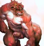 anthro balls barefoot biceps biped black_nose blush bodily_fluids brown_body brown_fur countershading drooling facial_scar feet fur genital_fluids genitals hair humanoid_genitalia humanoid_hands humanoid_penis kneeling male muscular muscular_anthro muscular_male navel nipples nude open_mouth pecs penis precum saliva scar simple_background smile solo triceps vein white_body white_countershading uleezoo epic7 cartuja canid canine mammal 2019 digital_media_(artwork) hi_res