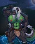 anthro balls_outline big_muscles big_pecs black_body black_scales bottomwear bulge clothed clothing detailed_bulge ear_piercing flexing genital_outline green_body green_scales hair horn huge_muscles male muscular muscular_anthro muscular_male nipple_piercing nipples pecs penis_outline piercing scales tail topless water white_hair kalidragon mythology azael_dragonfang dragon mythological_creature mythological_scalie reptile scalie wingless_dragon hi_res