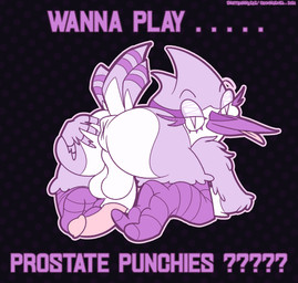 2_toes anthro anus beak butt eyelashes feather_hands feathers feet femboy genitals kneeling male male_anthro penis pink_penis presenting presenting_anus presenting_hindquarters purple_body solo tail tail_feathers talons text toes winged_arms wings snuffbunny.exe cartoon_network regular_show mordecai_(regular_show) avian bird blue_jay corvid jay_(bird) new_world_jay oscine passerine absurd_res english_text hi_res