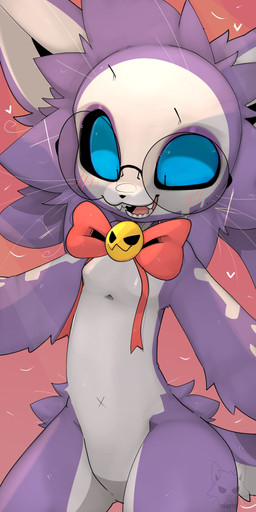 anthro black_sclera blue_eyes blush blush_lines bow_tie cheek_tuft countershade_legs countershade_tail countershade_torso countershading eyewear facial_tuft fangs floating_heart fur glasses heart_symbol logo male markings multicolored_body multicolored_fur navel nude open_mouth open_smile pink_background pink_tongue purple_body purple_ears purple_fur red_bow_tie round_glasses simple_background smile solo tail teeth text tongue tuft wearing_glasses whiskers white_body white_face white_fur white_inner_ear white_markings x_navel presto_(artist) presto_(character) domestic_cat felid feline felis mammal 1:2 absurd_res artist_logo artist_name hi_res portrait three-quarter_portrait