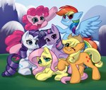 blonde_hair blue_body blue_eyes cutie_mark eyelashes feathered_wings feathers female feral green_eyes grin group hair happy hooves horn looking_at_viewer lying mountain multicolored_hair on_front one_eye_closed orange_body outside pink_body pink_hair purple_body purple_eyes purple_hair quadruped rainbow_hair raised_hoof raised_leg screencap_redraw sitting smile standing teal_eyes white_body wings wink winking_at_viewer yellow_body synnibear03 friendship_is_magic hasbro my_little_pony mythology applejack_(mlp) fluttershy_(mlp) pinkie_pie_(mlp) rainbow_dash_(mlp) rarity_(mlp) twilight_sparkle_(mlp) earth_pony equid equine horse mammal mythological_creature mythological_equine pegasus pony unicorn winged_unicorn hi_res shaded