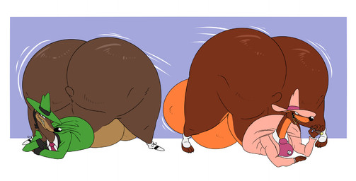 anthro ascot ass_up balls belly big_balls big_belly big_butt bottomless bottomless_anthro bottomless_male brown_body brown_fur bubble_butt butt butt_jiggle cigar claws clenched_teeth clothed clothing diamond_(gem) docked_tail duo fangs footwear fur gem genitals hair hat headgear headwear holding_cigar holding_object huge_belly huge_butt hyper hyper_butt jack-o'_pose jacket jiggling looking_at_viewer male motion_lines necktie obese obese_anthro obese_male open_mouth overweight overweight_anthro overweight_male pose sharp_teeth shoes short_tail smile smiling_at_viewer suit_jacket tail teeth thick_thighs topwear wide_hips zoot_suit reagan700 disney who_framed_roger_rabbit greasy_(character) smarty_weasel toon_patrol mammal mustelid musteline true_musteline weasel 2024 artist_collaboration hi_res
