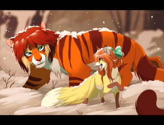 accessory ahoge bangs blonde_hair blue_eyes blue_sclera bow_ribbon brown_markings dipstick_tail duo eye_contact fangs female feral feral_with_hair fur green_eyes hair hair_accessory hair_bow hair_ribbon larger_male long_hair looking_at_another male markings medium_hair multicolored_body multicolored_fur multicolored_hair open_mouth open_smile orange_body orange_fur orange_hair outside pink_nose red_hair red_stripes ribbons size_difference smaller_female smile smiling_at_another snow snow_on_fur snowing standing striped_body striped_fur striped_markings stripes tail tail_markings teeth two_tone_hair walking whiskers white_body white_fur yellow_body yellow_fur azzai canid canine felid fox mammal pantherine tiger 2016 colored digital_drawing_(artwork) digital_media_(artwork) shaded