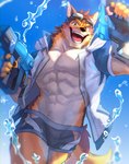 abs anthro bare_chest bottomwear bulge clothing countershading eyewear fingerless_gloves gloves goggles handwear hip_window kemono male muscular muscular_anthro muscular_male pecs shorts solo swimwear toy toy_gun water_gun tarobandit lifewonders live_a_hero barrel_(live_a_hero) canid canine canis mammal wolf hi_res