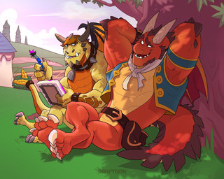 anthro ascot bell bell_collar belt belt_pouch broken_horn brush claws clothing collar cowbell duo horn male multicolored_body muscular muscular_anthro muscular_male orange_body paintbrush painting plant raised_arms rattle_(anatomy) scales side tail tail_motion topwear tree two_tone_body ventral_scales vest wings yellow_body draftgon activision mythology spyro_reignited_trilogy spyro_the_dragon boris_(spyro) delbin_(spyro) rescued_dragons_(spyro) dragon mythological_creature mythological_scalie scalie 5:4 hi_res