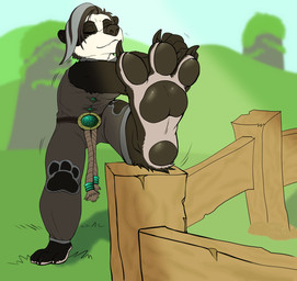 3_toes 4_fingers anthro belt black_body black_fur black_hair black_pawpads bottomwear clasped_hands claws clothing countershade_feet countershading eyes_closed facial_markings feet female fence fencepost fingers foot_focus foot_on_fence fur gem glistening glistening_pawpads grass green_gem green_jewelry grey_clothing grey_highlights hair head_markings heel_pad highlights_(coloring) hill hillside interlocked_fingers jade_(gem) jewelry knee_pads markings medium_hair mountain mouth_closed multicolored_body multicolored_fur one_leg_up pants pawpads paws plant raised_head raised_leg rock sky sleeveless_shirt smile snaggle_tooth soles solo spread_toes standing stretching stretching_arms stretching_legs tassels toes topwear white_body white_fur wood wood_fence phantastus blizzard_entertainment warcraft bear mammal pandaren hi_res