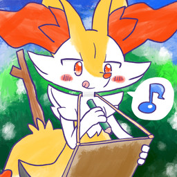 ambiguous_anthro ambiguous_gender anthro biped blush blush_stickers closed_smile detailed_background dipstick_tail drawing_(action) front_view holding_object holding_pencil markings mouth_closed musical_note musical_symbol object_in_tail outside pencil_(object) smile snout solo speech_bubble standing symbol tail tail_markings tongue tongue_out annyui0611 nintendo pokemon braixen canid generation_6_pokemon mammal pokemon_(species) 1:1 2024 digital_drawing_(artwork) digital_media_(artwork) half-length_portrait hi_res japanese_description pictographics portrait translated_description