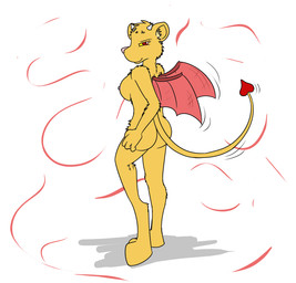 4_fingers anthro back_wings biped breasts butt digitigrade female female_anthro fingers fur horn looking_at_viewer looking_back looking_back_at_viewer membrane_(anatomy) membranous_wings motion_lines nipples nude nude_anthro nude_female pink_nose red_eyes side_view simple_background smile solo spade_tail standing tail tail_motion white_background wings yellow_body yellow_fur yellow_sclera fox0808 neo_(neo222) sedire_(deiser) demon felid lion mammal pantherine 2012 colored