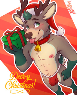 abstract_background anthro antlers bell bell_collar belly belly_tuft biped blush blush_lines box brown_body brown_fingernails brown_fur brown_nails brown_nose brown_tail bulge chest_tuft christmas_clothing christmas_headwear clothing collar colored_nails container detailed_bulge fingernails fur gift gift_box green_eyes green_hair green_hands green_legs green_tail hair hat head_tuft headgear headwear holding_gift holding_object holidays hooves horn humor jingle_bell male multicolored_tail nails navel neckwear nipples pun red_clothing red_collar red_thong red_underwear santa_hat simple_background smile smiling_at_viewer solo tail tan_belly tan_body tan_chest tan_fur text thong tongue tongue_out tuft two_tone_tail underwear mytigertail christmas cervine deer mammal new_world_deer reindeer colored digital_media_(artwork) hi_res
