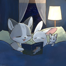 ambiguous_gender anthro bed bedding blush book clothing curtains detailed_background duo eyes_closed fangs female fur furniture grey_body grey_fur inner_ear_fluff inside lamp lying multicolored_body multicolored_fur night on_bed open_mouth pillow plushie semi-anthro sky sleeping smile star starry_sky teeth text tuft white_body white_fur window fusau canid canine fox lagomorph leporid mammal rabbit 1:1 2024 detailed digital_media_(artwork) hi_res japanese_text