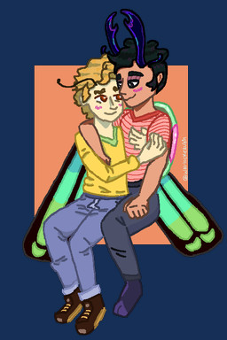 aggie.io_(artwork) antennae_(anatomy) arm_around_another black_eyebrows black_eyes black_hair blonde_hair blue_bottomwear blue_clothing blue_jeans blue_pants blush bottomwear brown_clothing brown_eyebrows brown_footwear brown_shoes clothed clothing denim denim_bottomwear denim_clothing duo eye_contact eyebrows footwear fully_clothed hair hug hugging_another humanoid_hands insect_wings jeans looking_at_another male male/male pants pink_blush red_clothing red_eyes red_shirt red_topwear shirt shoes short_hair sitting topwear wings yellow_clothing yellow_shirt yellow_topwear capegloam animal_humanoid arthropod arthropod_humanoid beetle_humanoid humanoid insect insect_humanoid 2020 aliasing cel_shading digital_drawing_(artwork) digital_media_(artwork) full-length_portrait portrait shaded