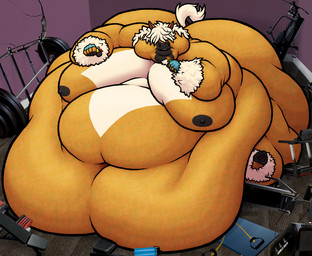 anthro belly big_belly clothing gloves gym hair hair_over_eyes handwear inside male moobs morbidly_obese morbidly_obese_anthro morbidly_obese_male nude obese obese_anthro obese_male overweight overweight_anthro overweight_male sitting solo tail mcrugermasta equid equine horse mammal hi_res