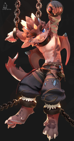 angry anthro athletic athletic_male blue_eyes bottomwear chain chain_bondage clothing horn male nipples pants red_body red_scales scales shirtless_male solo tail teeth wings young young_anthro young_male nekokaii mythology dragon mythological_creature mythological_scalie scalie absurd_res hi_res