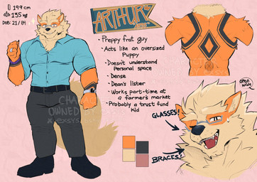 anthro bodily_fluids bracelet braces clock clothing collared_shirt dress_shirt eyewear fangs glasses jewelry male markings muscular muscular_anthro muscular_male nervous nervous_sweat one_eye_closed presenting_mouth ring sharp_teeth shirt smartwatch smile solo stocky sweat teeth text topwear trapezius tuft watch wearing_glasses exsys nintendo pokemon arthur_"artie"_(exsys) arcanine generation_1_pokemon pokemon_(species) english_text hi_res model_sheet